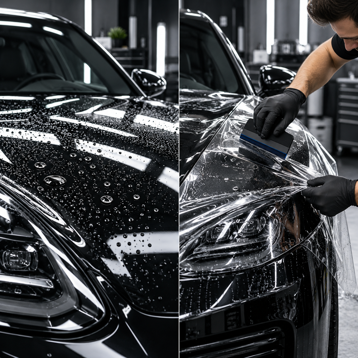 Wassertropfen perlen von einer geschützten Motorhaube ab, daneben wird Lackschutzfolie verklebt